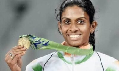 MR Poovamma winning gold medal in Asian Games 4x400 meter relay for India