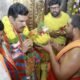 B Y Vijayendra offering prayers at Kurudumale Ganapathi temple in Kolar