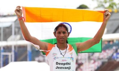 Deepthi Jeevanji wins gold in the women's 400m T20 race with a new Games Record.