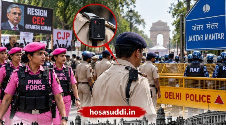 Delhi Police security deployment with Pink Force and body cameras ahead of CJP protest at Jantar Mantar