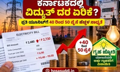 Karnataka electricity tariff hike news graphic showing a power bill, electricity meter and possible 40&ndash;50 paise per unit increase.