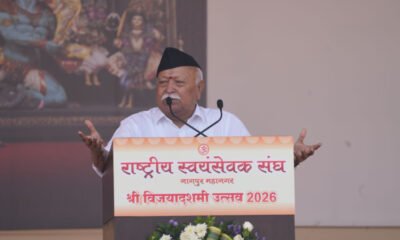RSS chief Mohan Bhagwat addressing the annual Vijayadashami gathering in Nagpur.