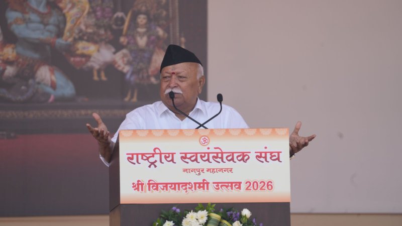 RSS chief Mohan Bhagwat addressing the annual Vijayadashami gathering in Nagpur.