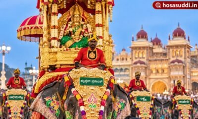Mysore Dasara Jamboo Savari preparations with Goddess Chamundeshwari and decorated elephants.