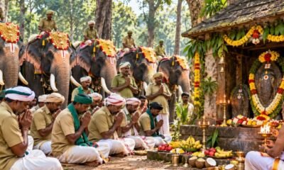 Mysuru Dasara elephant mahouts and kavadis offering prayers to forest deities