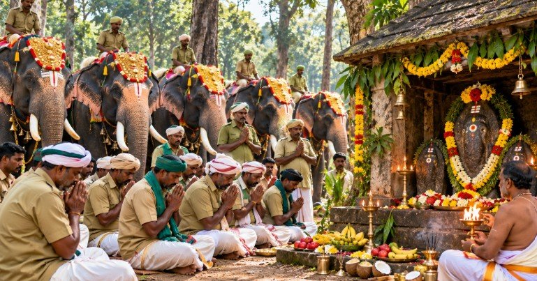 Mysuru Dasara elephant mahouts and kavadis offering prayers to forest deities
