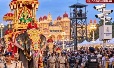 Police personnel, CCTV cameras and security arrangements for the Mysuru Dasara Jamboo Savari procession.