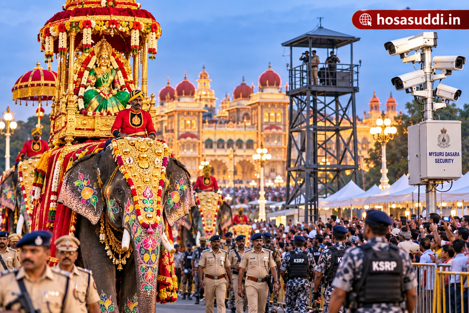 Police personnel, CCTV cameras and security arrangements for the Mysuru Dasara Jamboo Savari procession.