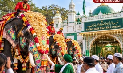 Decorated Mysuru Dasara elephants visiting a dargah as part of a traditional festival observance.