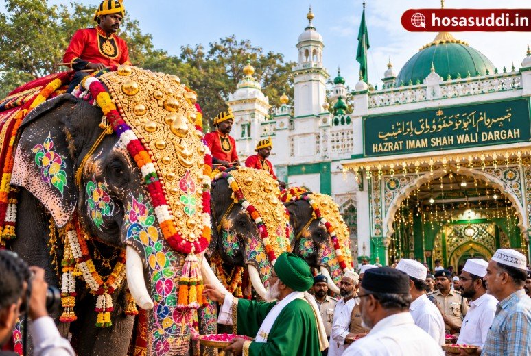 Decorated Mysuru Dasara elephants visiting a dargah as part of a traditional festival observance.