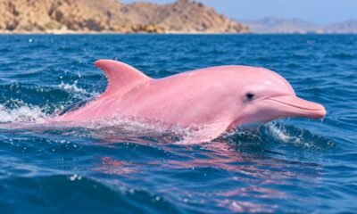 Pink dolphin swimming in the blue sea near Muscat, Oman.