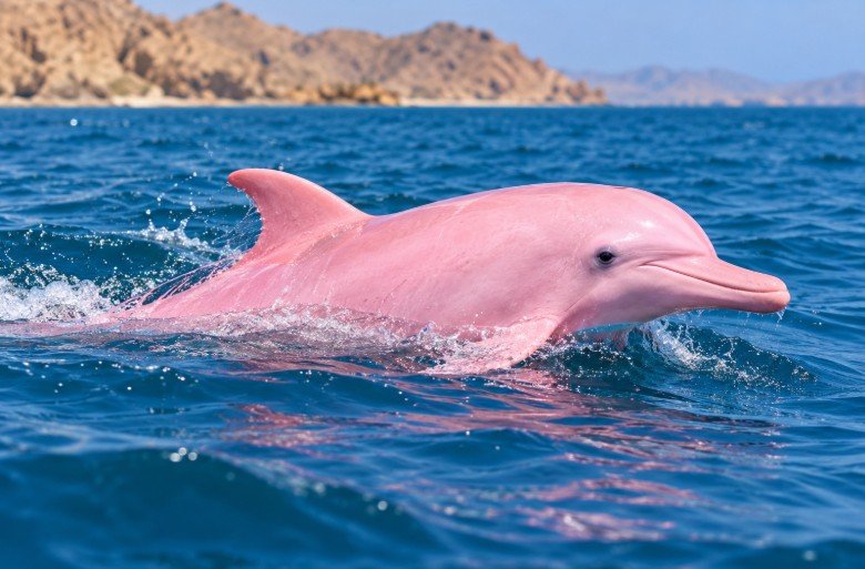 Pink dolphin swimming in the blue sea near Muscat, Oman.