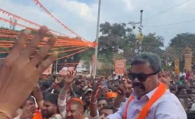 Renukacharya dancing during Honnali Ganapati immersion procession