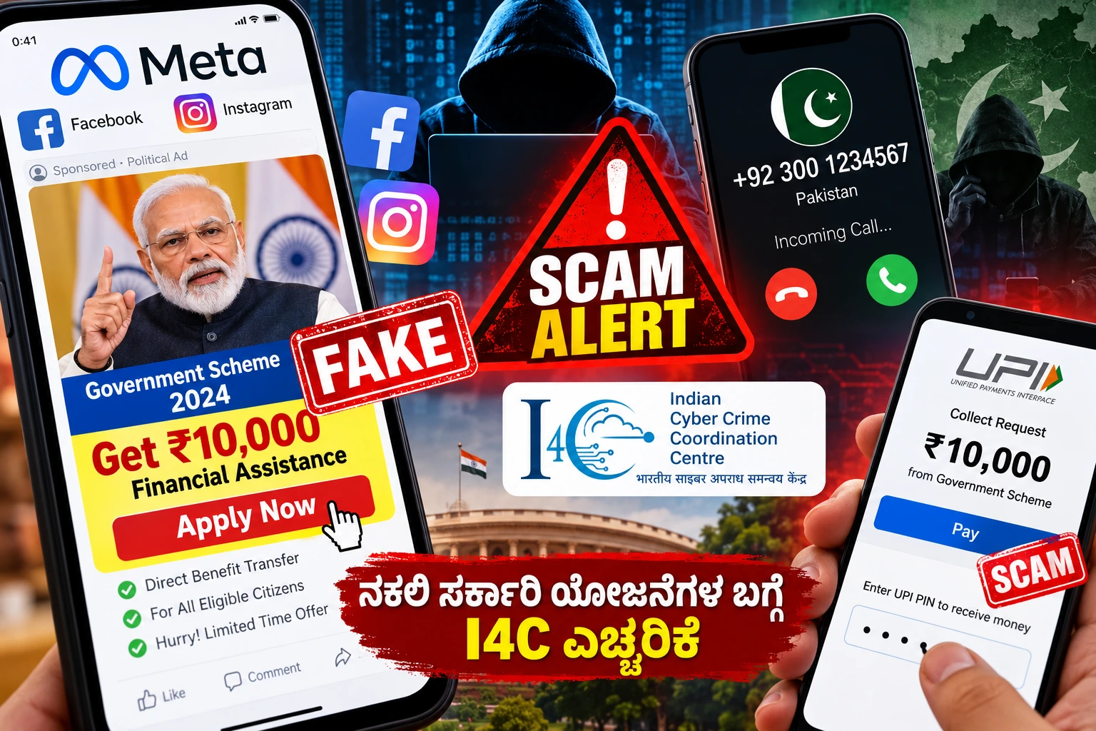 Cybercrime alert about fake government scheme advertisements, deepfake videos and UPI fraud on Meta platforms.