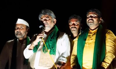 CM D.K. Shivakumar addressing sugarcane farmers during the Hubballi Chalo protest in Kittur, Karnataka.
