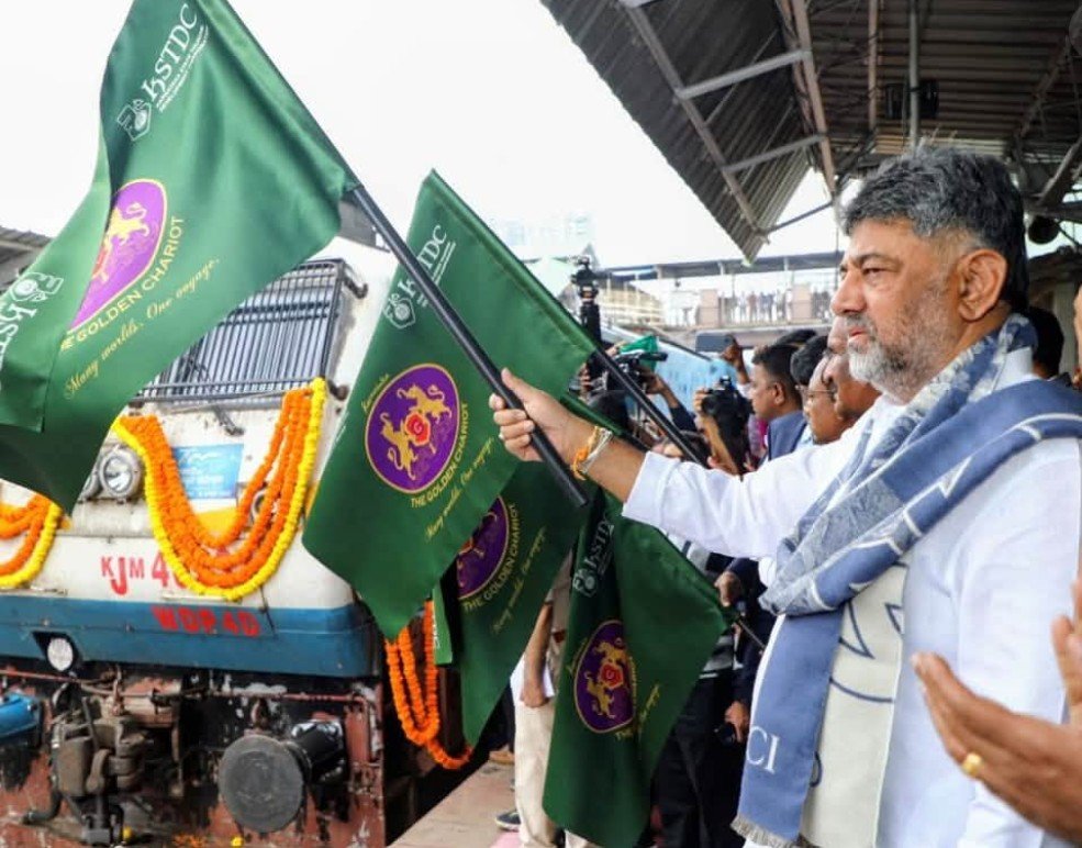 Golden Chariot luxury tourist train at Bengaluru railway station