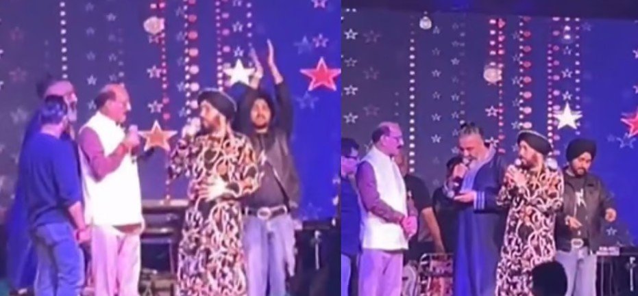 Punjabi singer Daler Mehndi and Uttarakhand minister Subodh Uniyal during the reported controversy at Kunjapuri Mela.