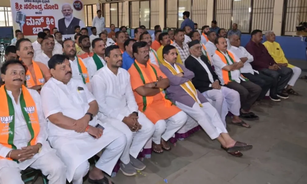 Union Minister Pralhad Joshi listening to Prime Minister Narendra Modi&rsquo;s Mann Ki Baat programme in Hubballi