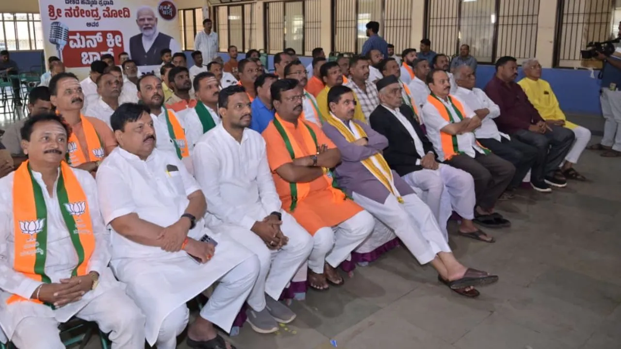 Union Minister Pralhad Joshi listening to Prime Minister Narendra Modi&rsquo;s Mann Ki Baat programme in Hubballi