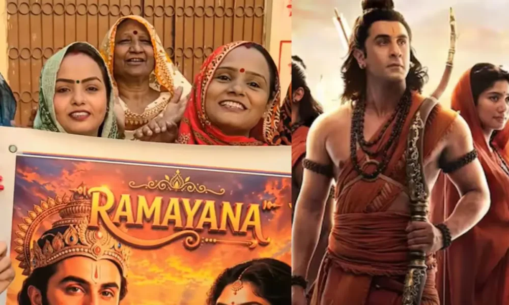 Hindu community members in Karachi holding Ramayana movie posters and celebrating the upcoming film starring Ranbir Kapoor, Sai Pallavi and Yash.