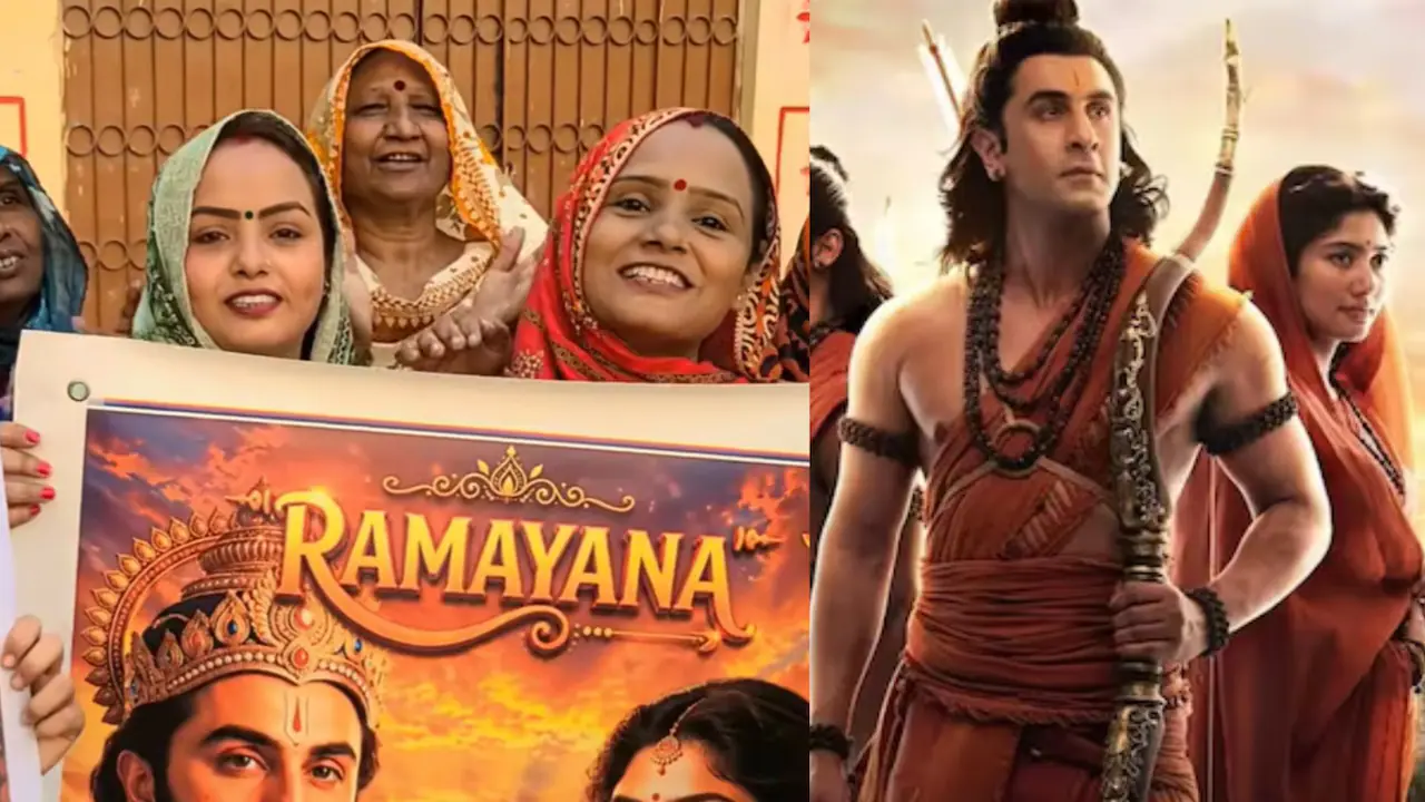 Hindu community members in Karachi holding Ramayana movie posters and celebrating the upcoming film starring Ranbir Kapoor, Sai Pallavi and Yash.
