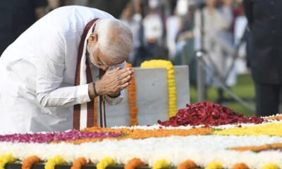 Prime Minister Narendra Modi paying tribute to Mahatma Gandhi at Rajghat on Gandhi Jayanti 2026