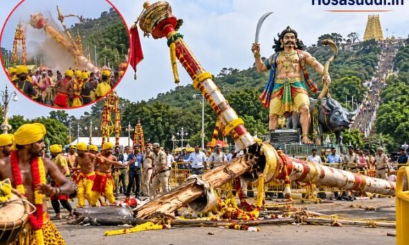 Broken Nandidhwaja pole near Chamundi Hill ahead of Mysuru Dasara inauguration