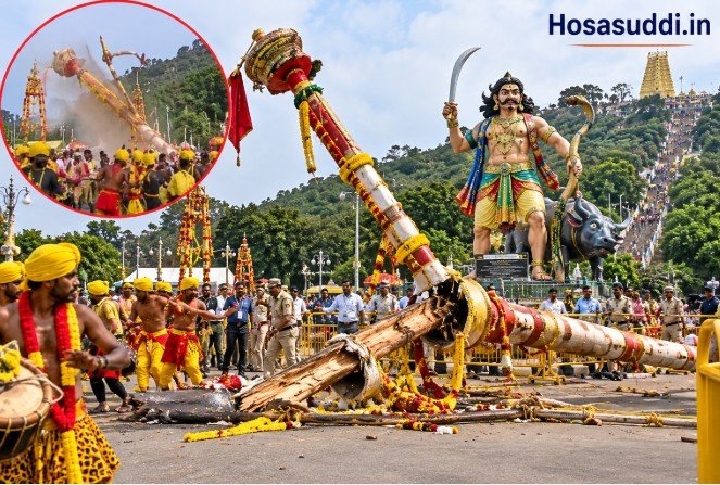 Broken Nandidhwaja pole near Chamundi Hill ahead of Mysuru Dasara inauguration