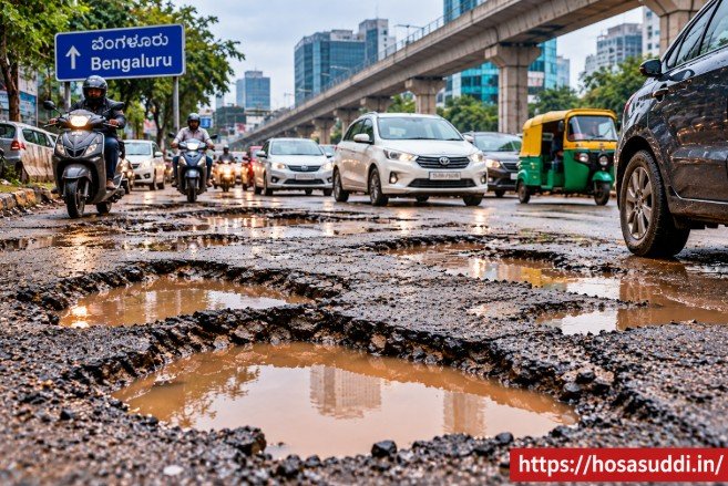 Bengaluru road filled with potholes causing problems for motorists