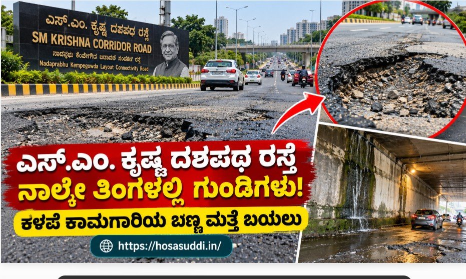 Potholes and damaged asphalt on SM Krishna Corridor Road in Bengaluru