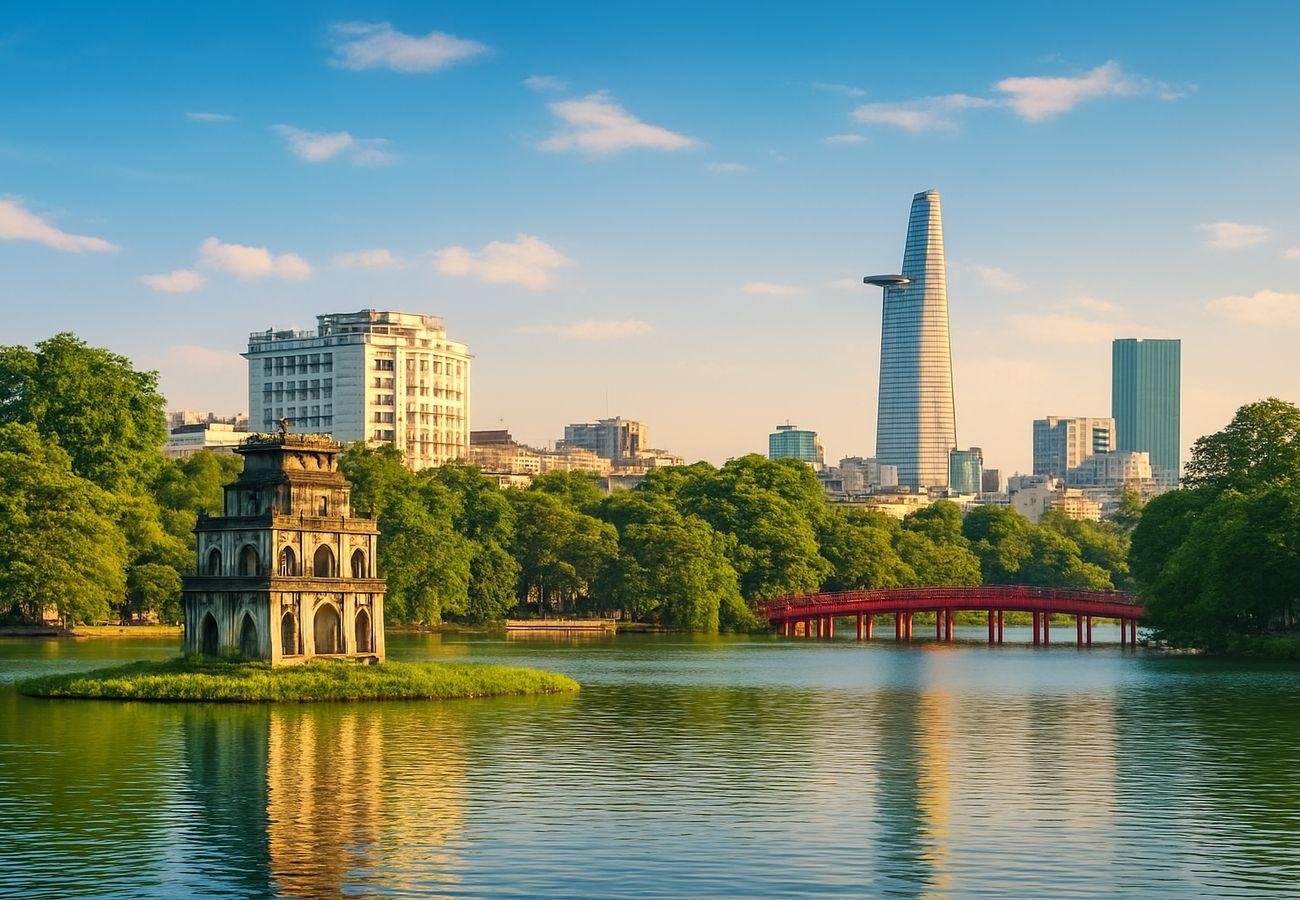 Vietnam travel promotion featuring Hanoi scenery for Indian travellers.